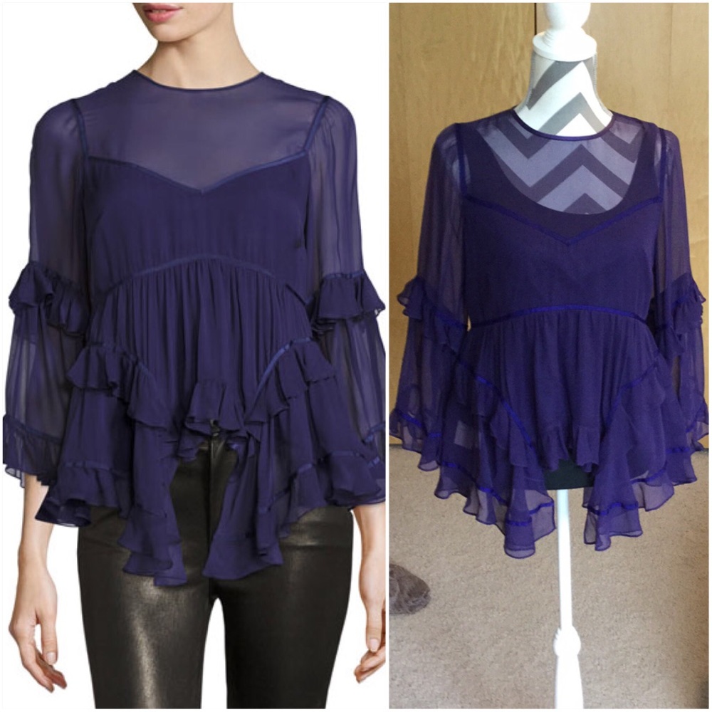 cinq a sept Melodie Tiered Silk Chiffon Top Indigo - Picture 2 of 8